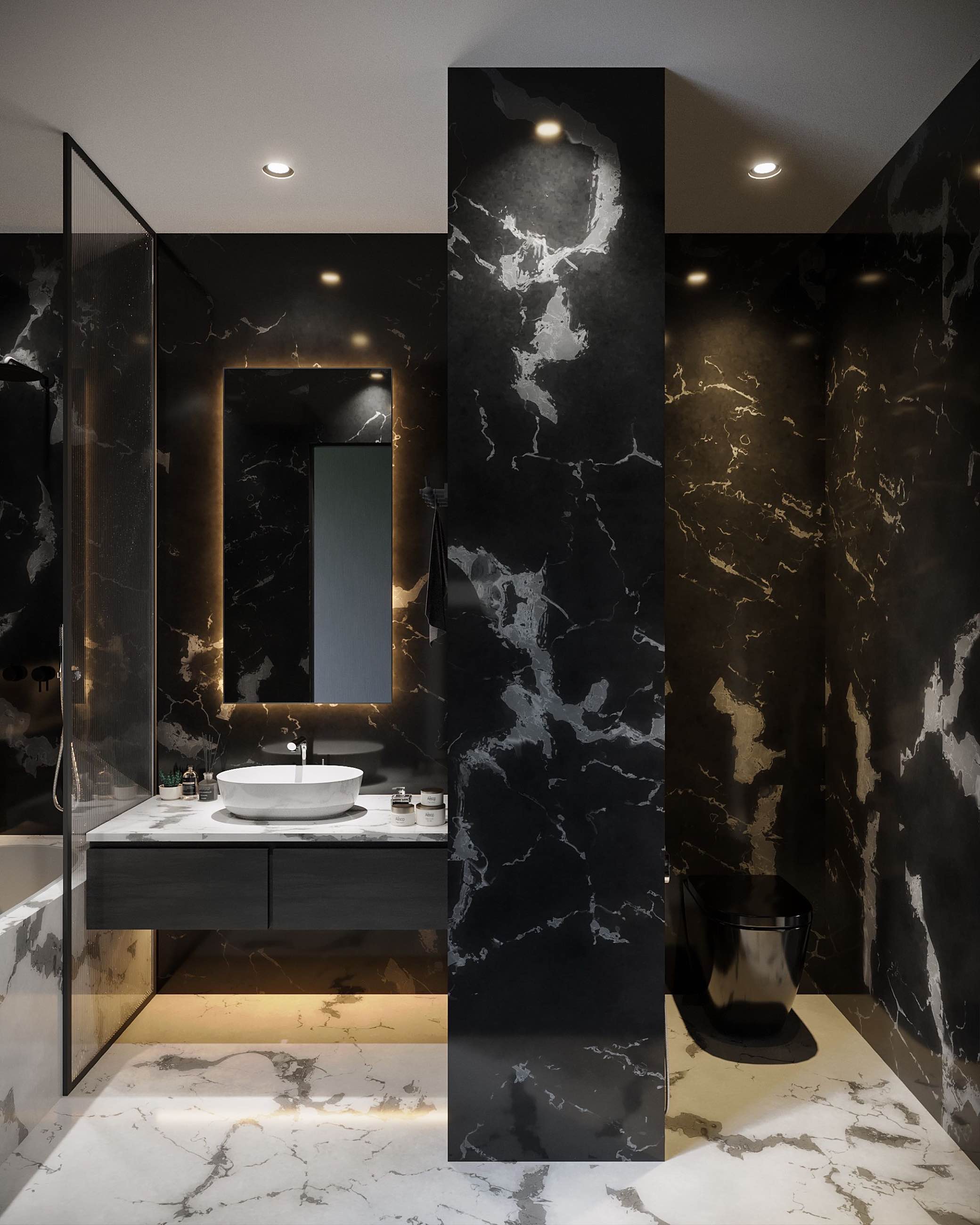 A powder room in black marble with a floating vanity and warm under-lighting
