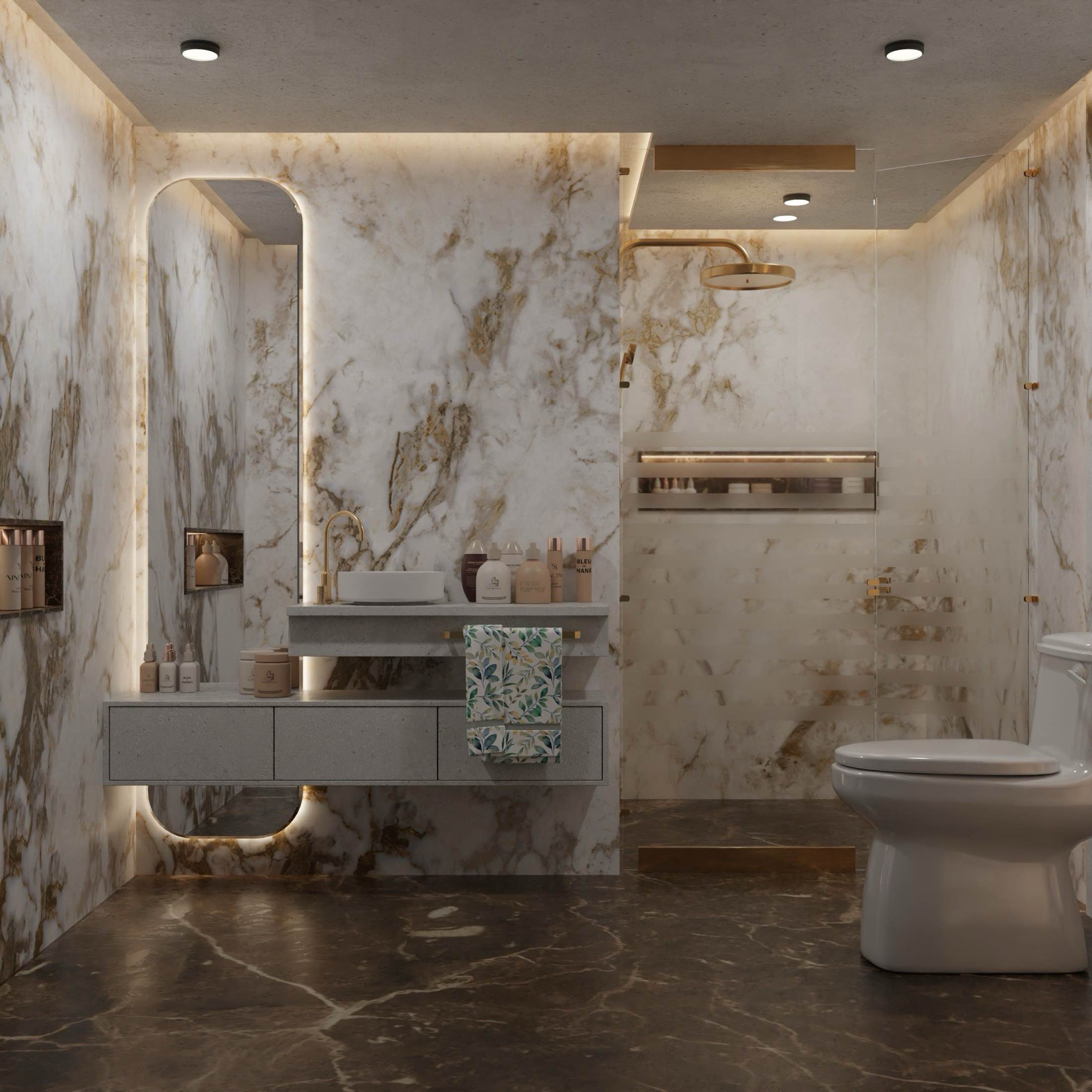A bathroom in gold-veined marble with a floating basin and concealed lighting
